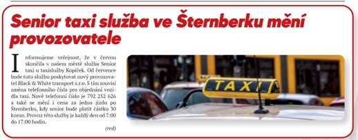Služba Senior taxi ve Šternberku mění provozovatele i cenu.